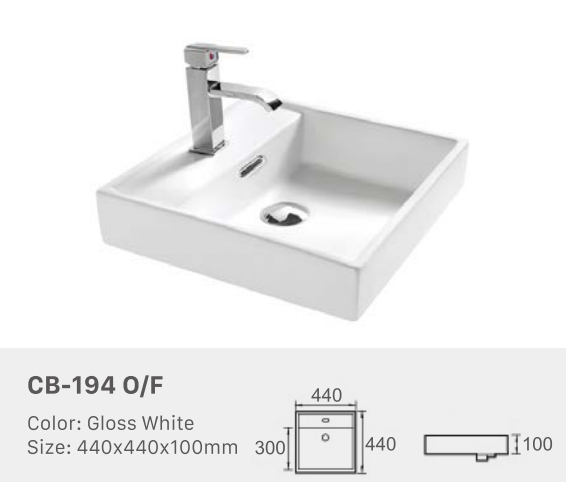 Square Ceramic Basin – Under Mount Basin Above Counter with 3 Tap Holes & Overflow440mmx440mmx100mm