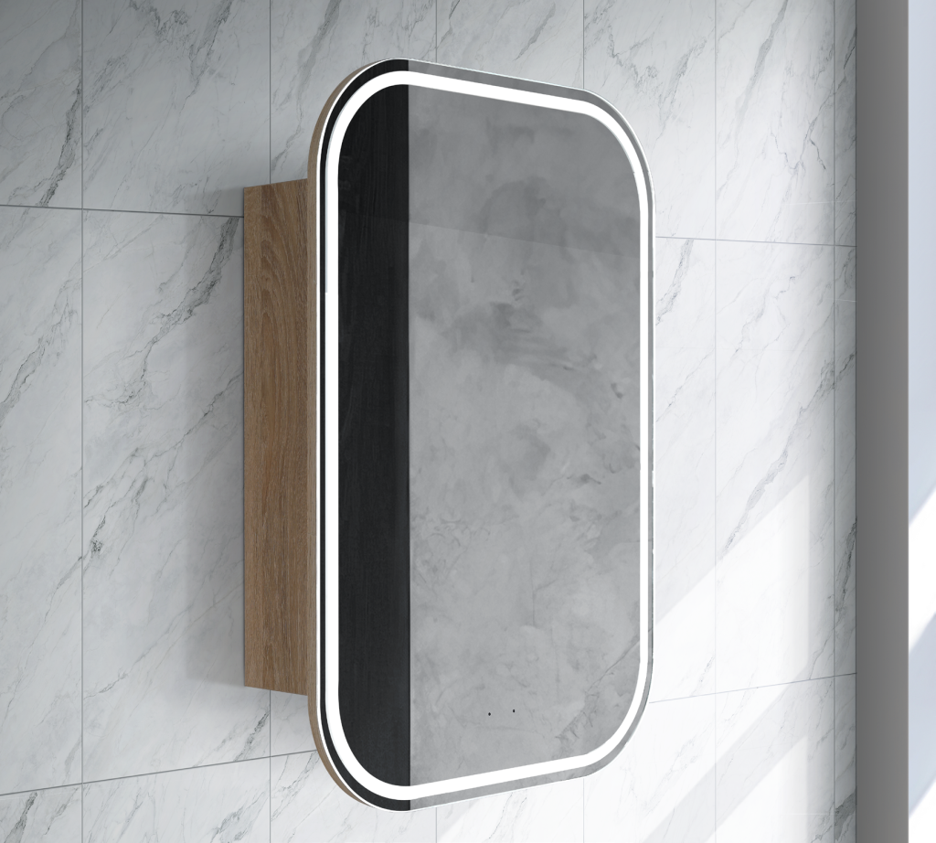 600mm Modern LED Shaving Cabinet with Butterfly Mirror Doors – Natural Timber or Matt White