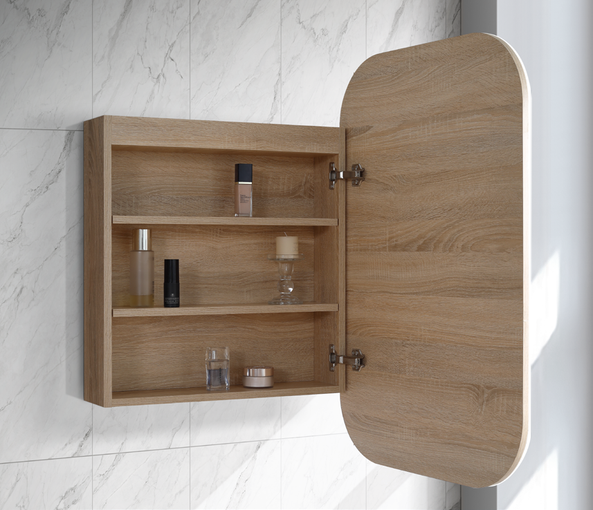 600mm Modern LED Shaving Cabinet with Butterfly Mirror Doors – Natural Timber or Matt White