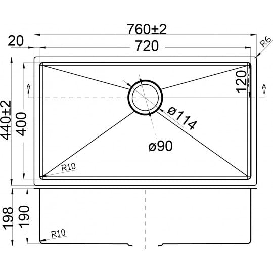 EDENA Single Bowl Above/Undermount Sink – 760 × 440 × 190 mm