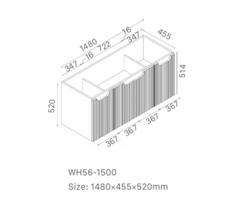 Duplex 520mm Wall Hung Vanity 1500mm – Grooved Panel Design with Organisers