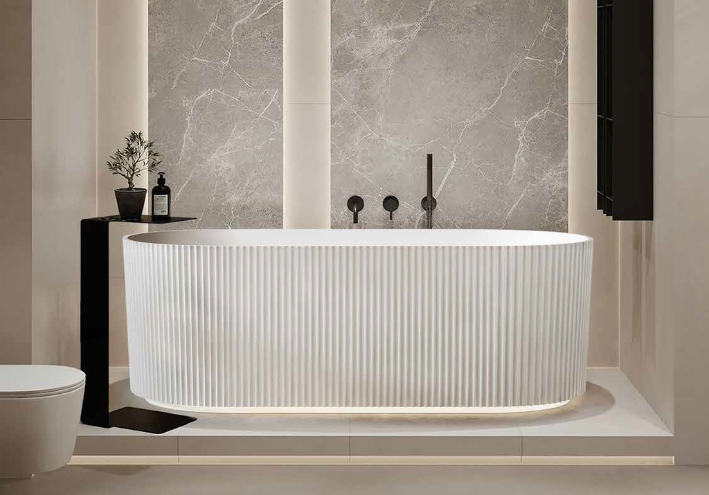 Trina 1500mm Freestanding Acrylic Bath – Fluted Design in Gloss & Matt White